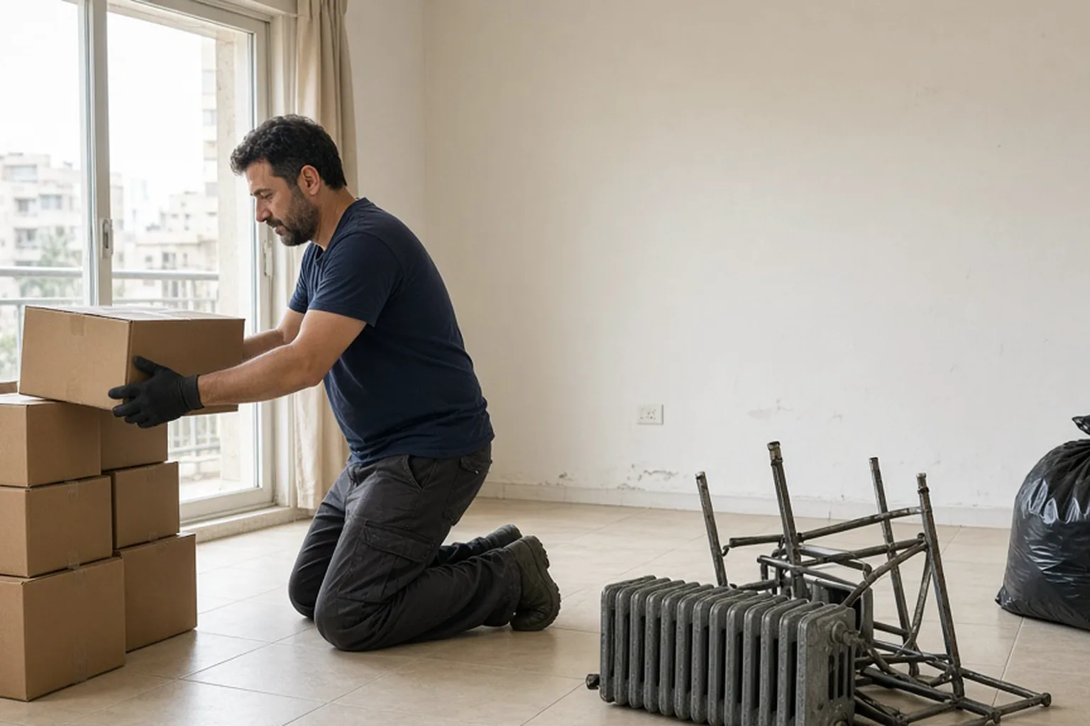 חדר בדירה עם ערימות מסודרות לפי מיון: לשמור, לתרומה ולפינוי