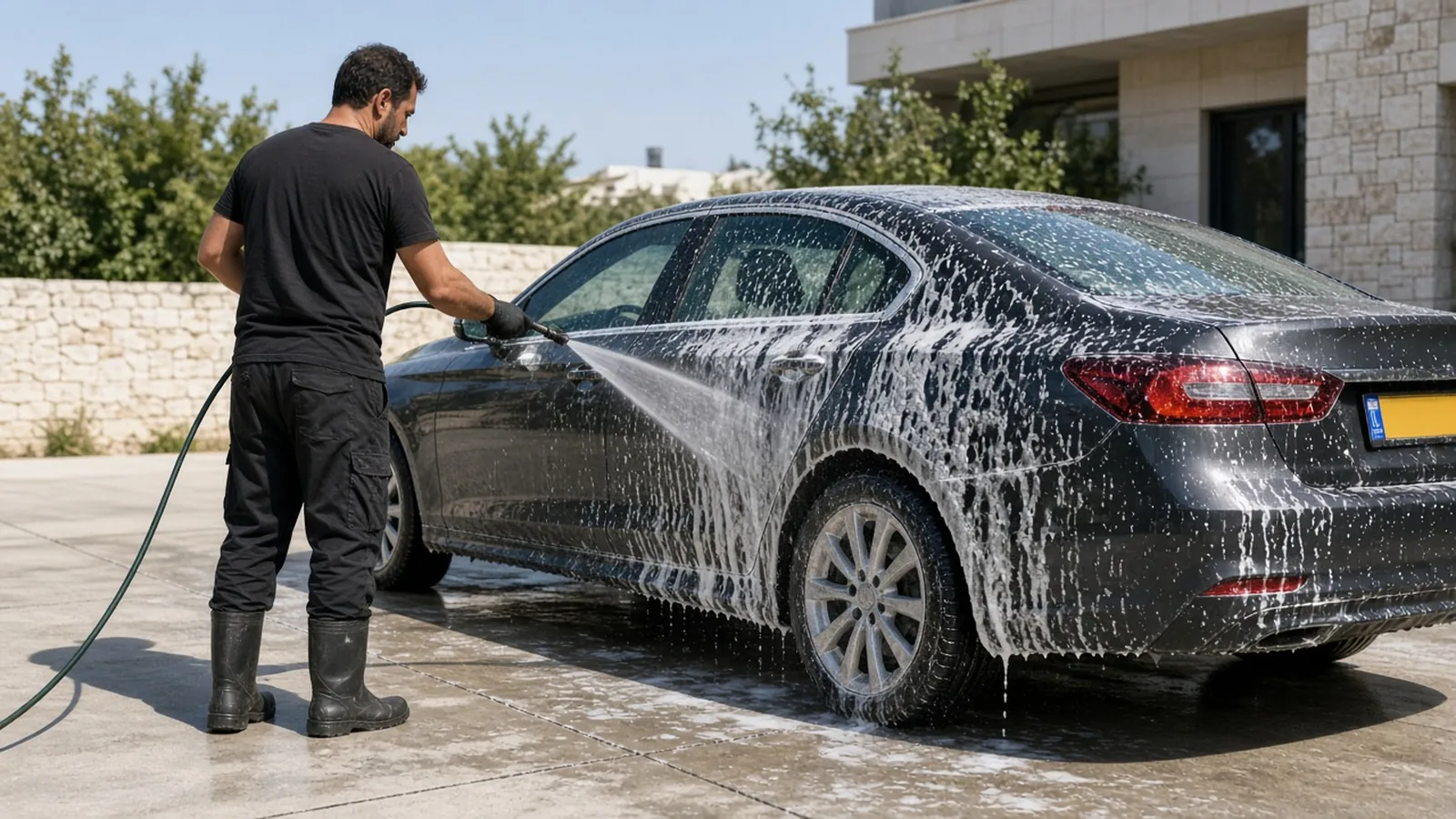 נותן שירות שוטף רכב ידנית עם קצף וצינור בחניה פרטית בישראל, מבט מהצד בלי פנים למצלמה וברק על הצבע.