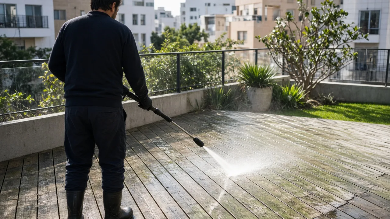 עובד מנקה דק מעץ בחצר ישראלית מוארת עם גרניק בלחץ מים, מסיר ירוקת מקרשים ישנים ומחזיר לדק מראה נקי ובטוח.