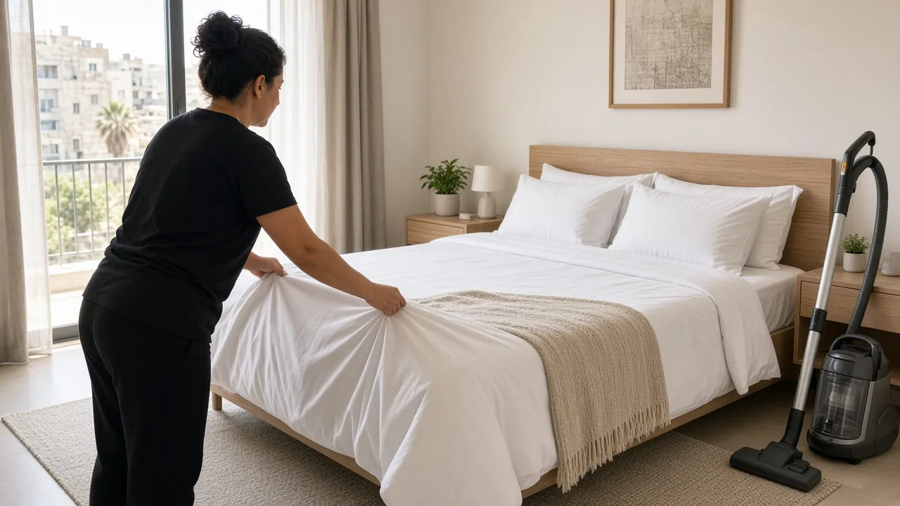 מנקה מחליפה מצעים ומסדרת מיטה נקייה בדירת Airbnb ישראלית מוארת, בין אורחים, עם שואב אבק בצד.