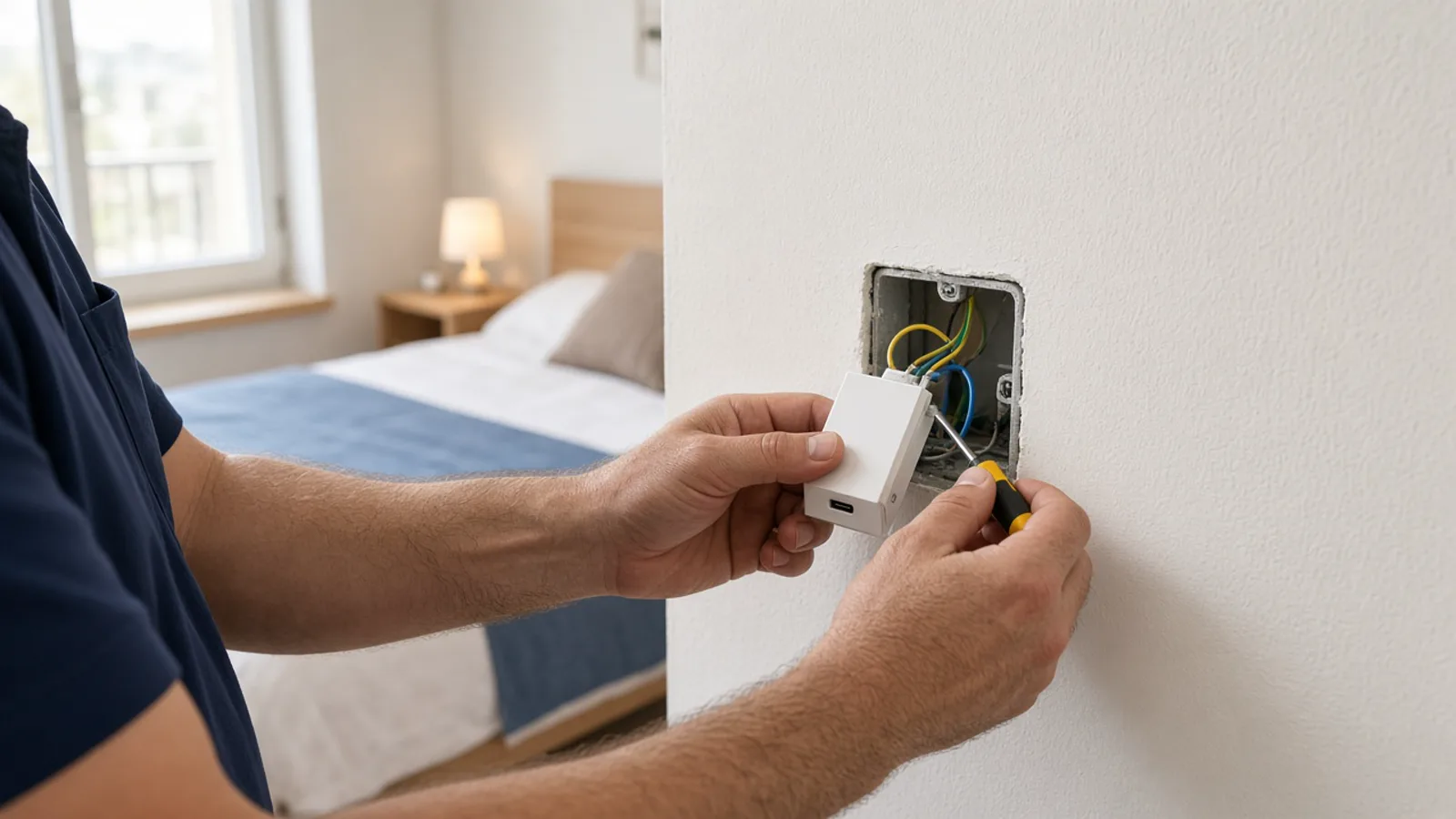 חשמלאי מתקין שקע טעינה USB משולב בקיר חדר שינה ישראלי, מודול חדש נכנס לקופסה במקום שקע רגיל בלי פנים למצלמה.