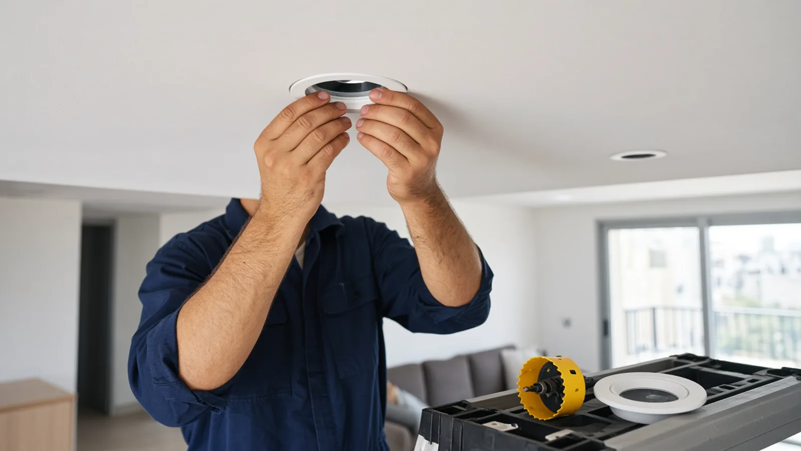 חשמלאי מתקין ספוט לד שקוע בתקרת גבס לבנה בדירה ישראלית, חיתוך מדויק וידיים מכניסות את הגוף בלי פנים למצלמה.