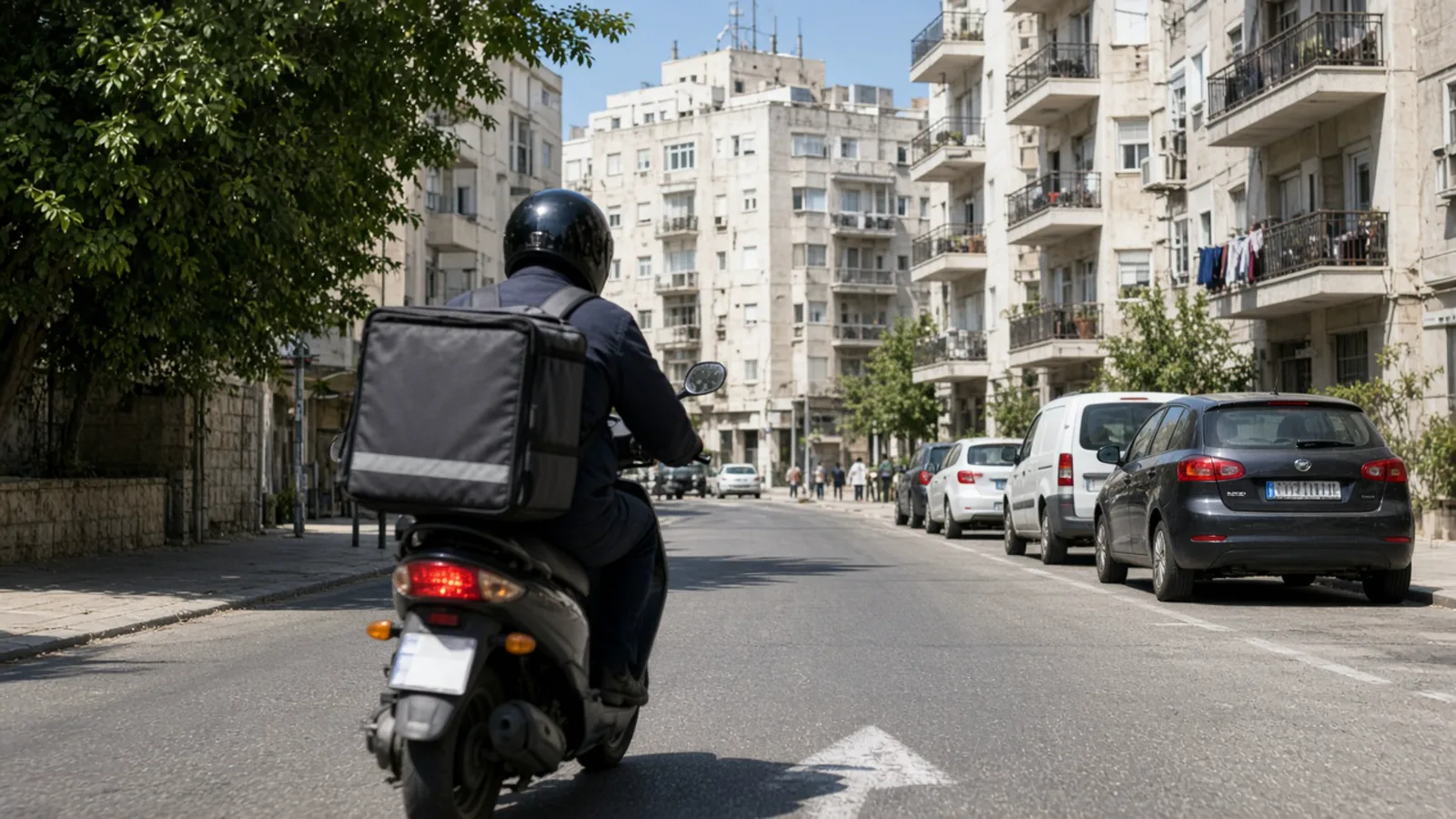 שליח על קטנוע יוצא לרחוב תל אביבי עם תיק מסירה מאובטח, באור יום עירוני, בדרך לשליחות אקספרס מהיום להיום.