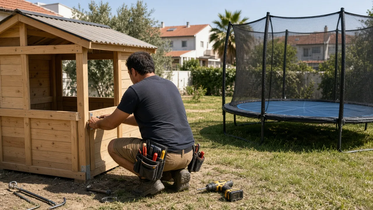 הנדימן מרכיב בית עץ לילדים ומעגן מסגרת טרמפולינה בחצר ישראלית שמשית, עם כלים ויתדות בקרקע.