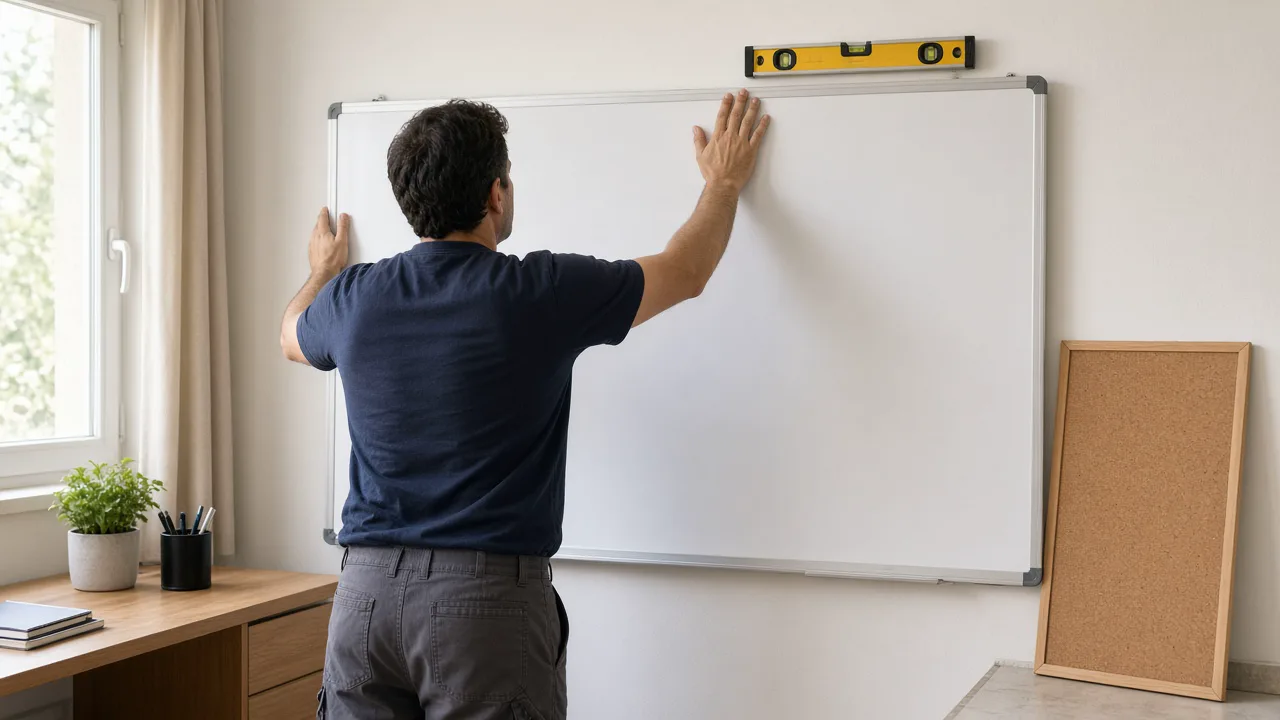 הנדימן תולה לוח מחיק גדול על קיר בחדר עבודה ביתי בישראל, מבט מהגב, פלס על הקיר ולוח שעם מוכן ליד.