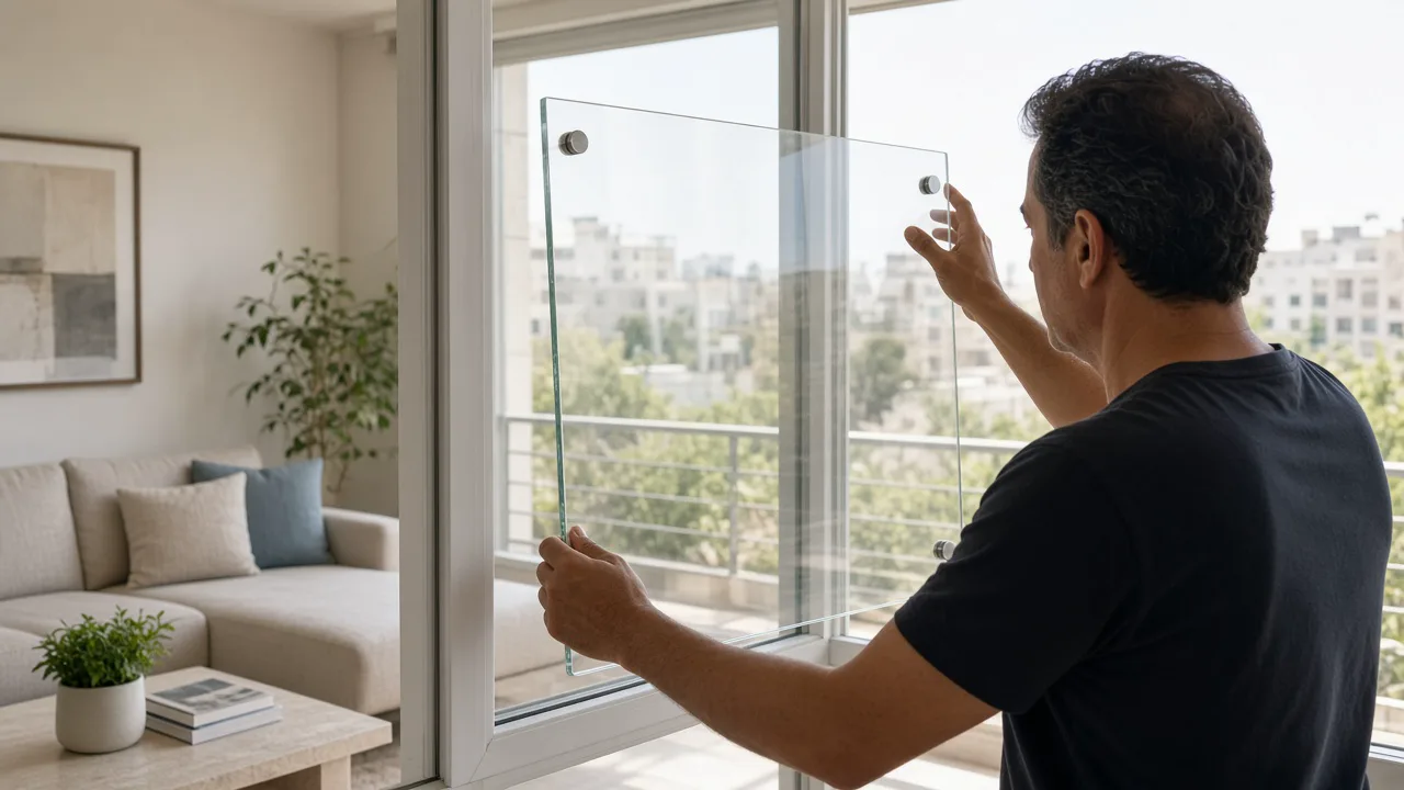 הנדימן מתקין סורג בטיחות שקוף על חלון אלומיניום בסלון ישראלי מואר, מבט מהצד, ידיים על מסגרת החלון.