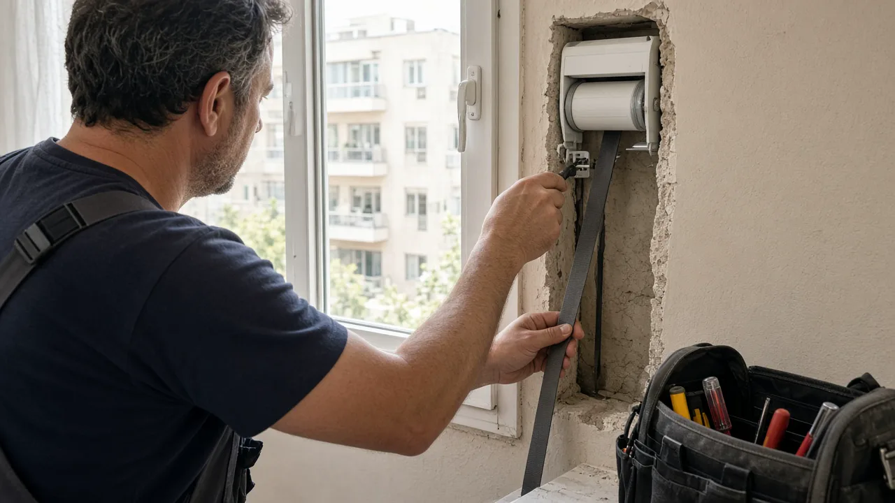 הנדימן מתקן רצועת תריס ידני בחלון דירה ישראלית מוארת, מבט מהצד, מנגנון תוף ורצועה חדשה בידיים.
