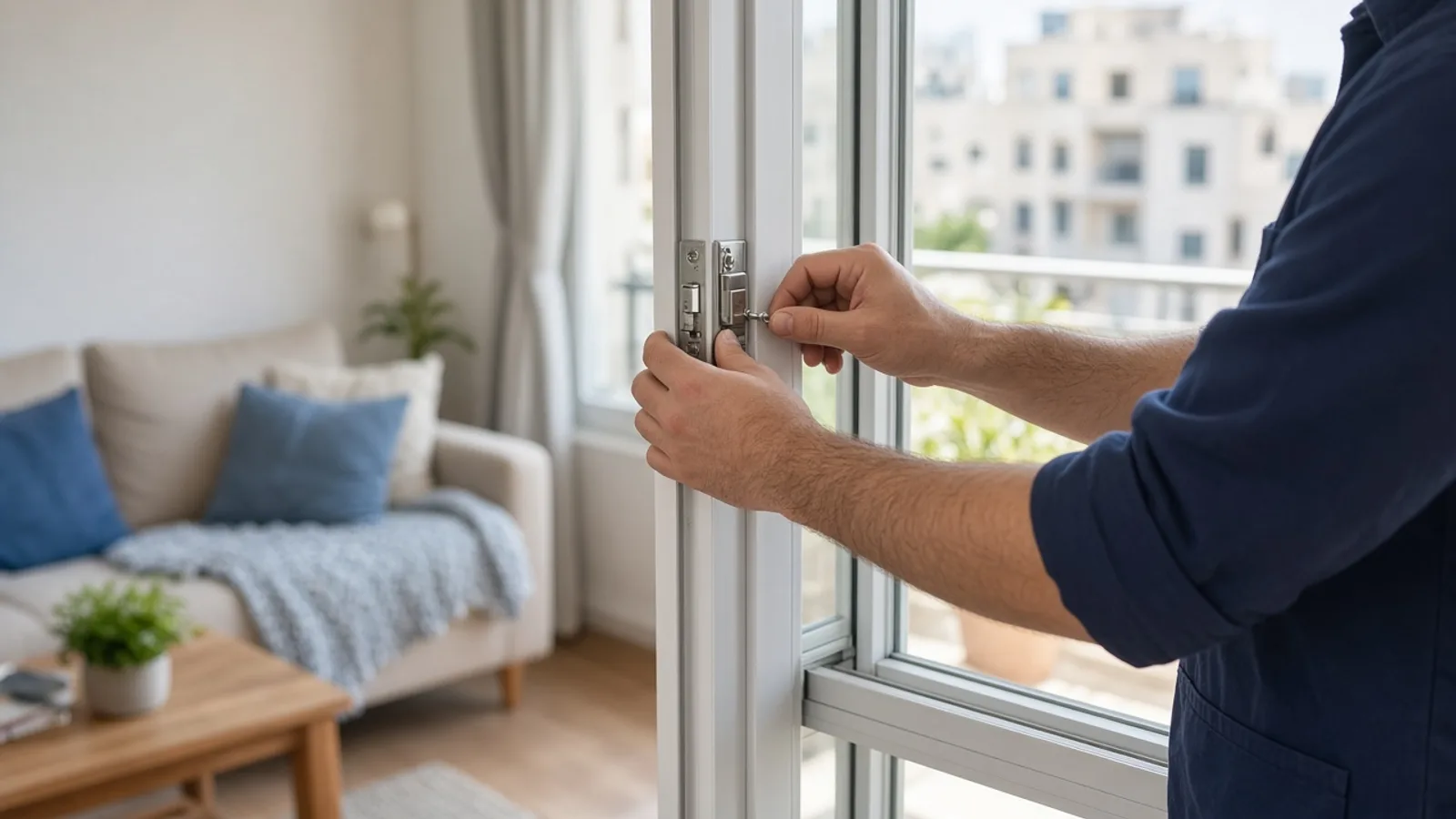 מנעולן מתקין מנעול בטיחות על דלת מרפסת הזזה מאלומיניום בסלון ישראלי מואר, ידיים מקבעות לפרופיל בלי פנים למצלמה.