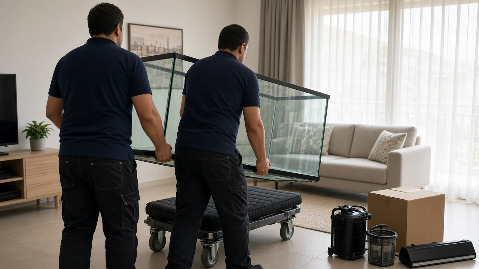 סבלים מרים אקווריום זכוכית גדול ריק על עגלה מרופדת בסלון ישראלי מואר, ליד ארגזי משאבות ותאורה ארוזים.