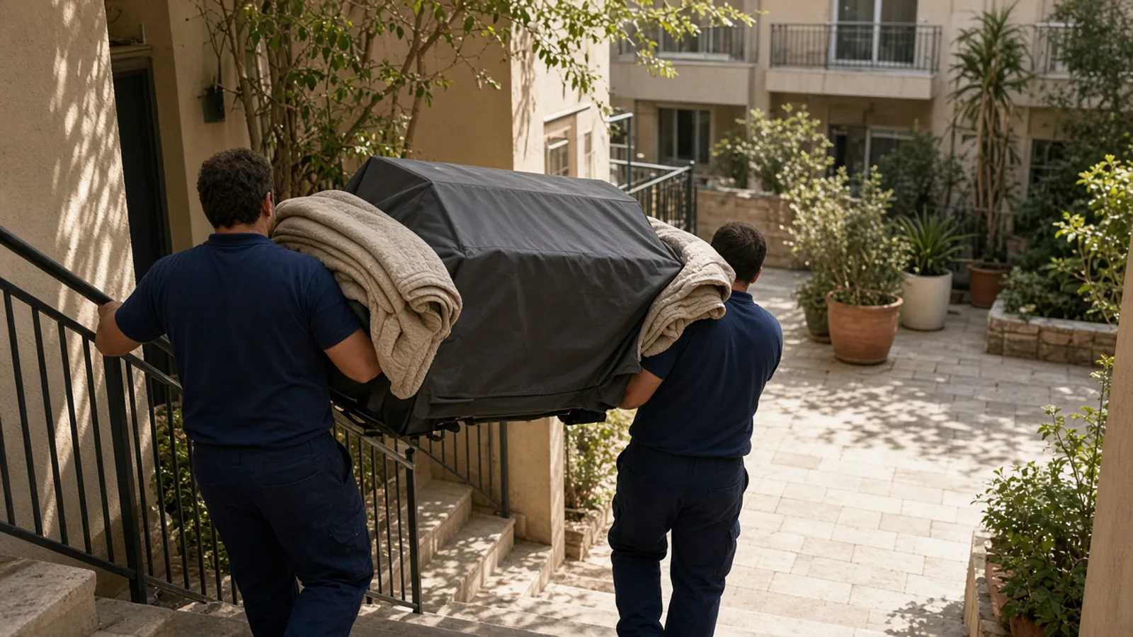 סבלים מעבירים גריל גז גדול עטוף במגינים במדרגות חיצוניות לחצר בניין ישראלי, באור יום בהיר וללא בלון מחובר.