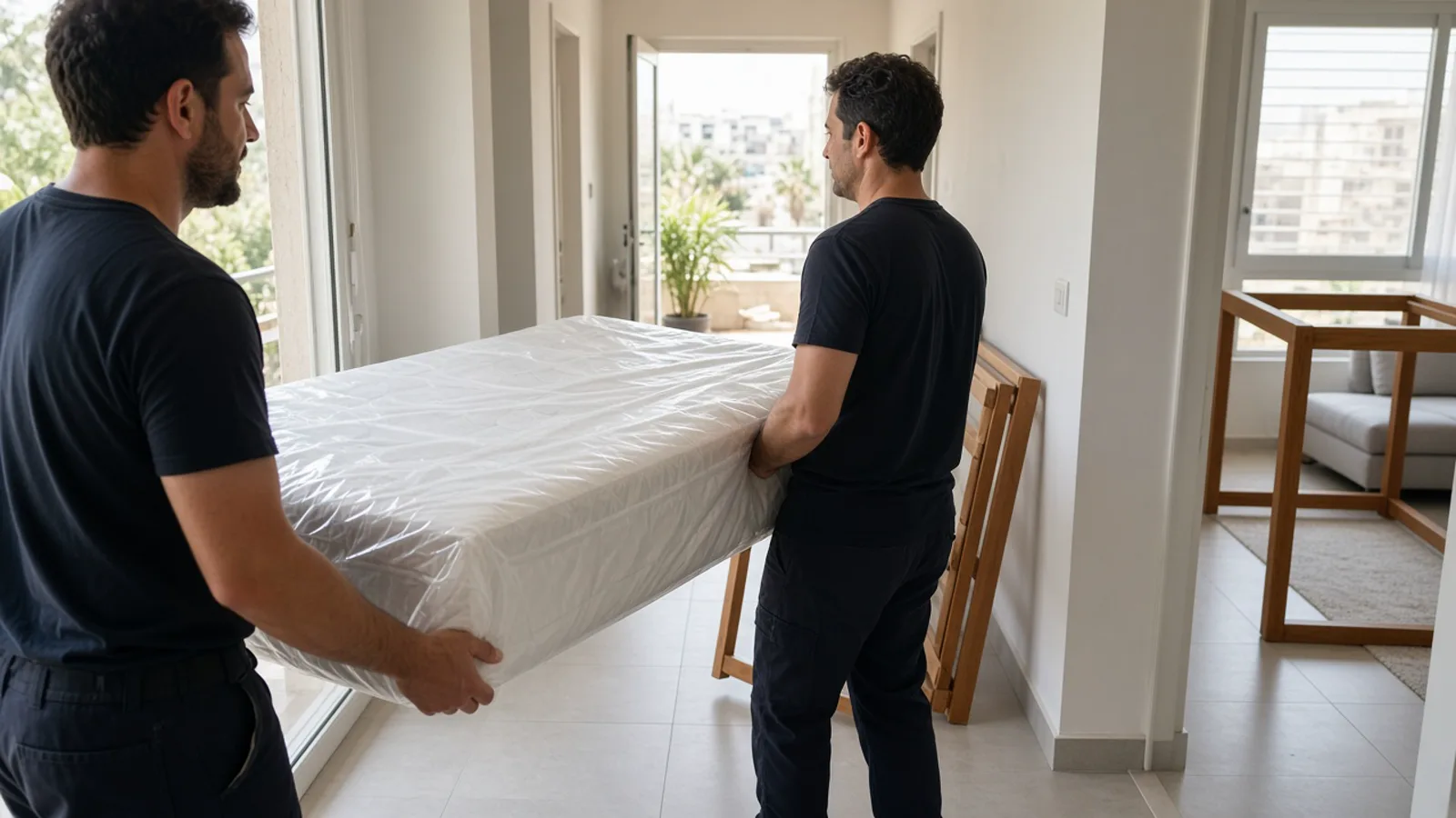 שני סבלים מעבירים מזרן עטוף וחלקי בסיס מיטה מעץ במסדרון דירה ישראלית מוארת, בהובלה זהירה בלי שריטות.