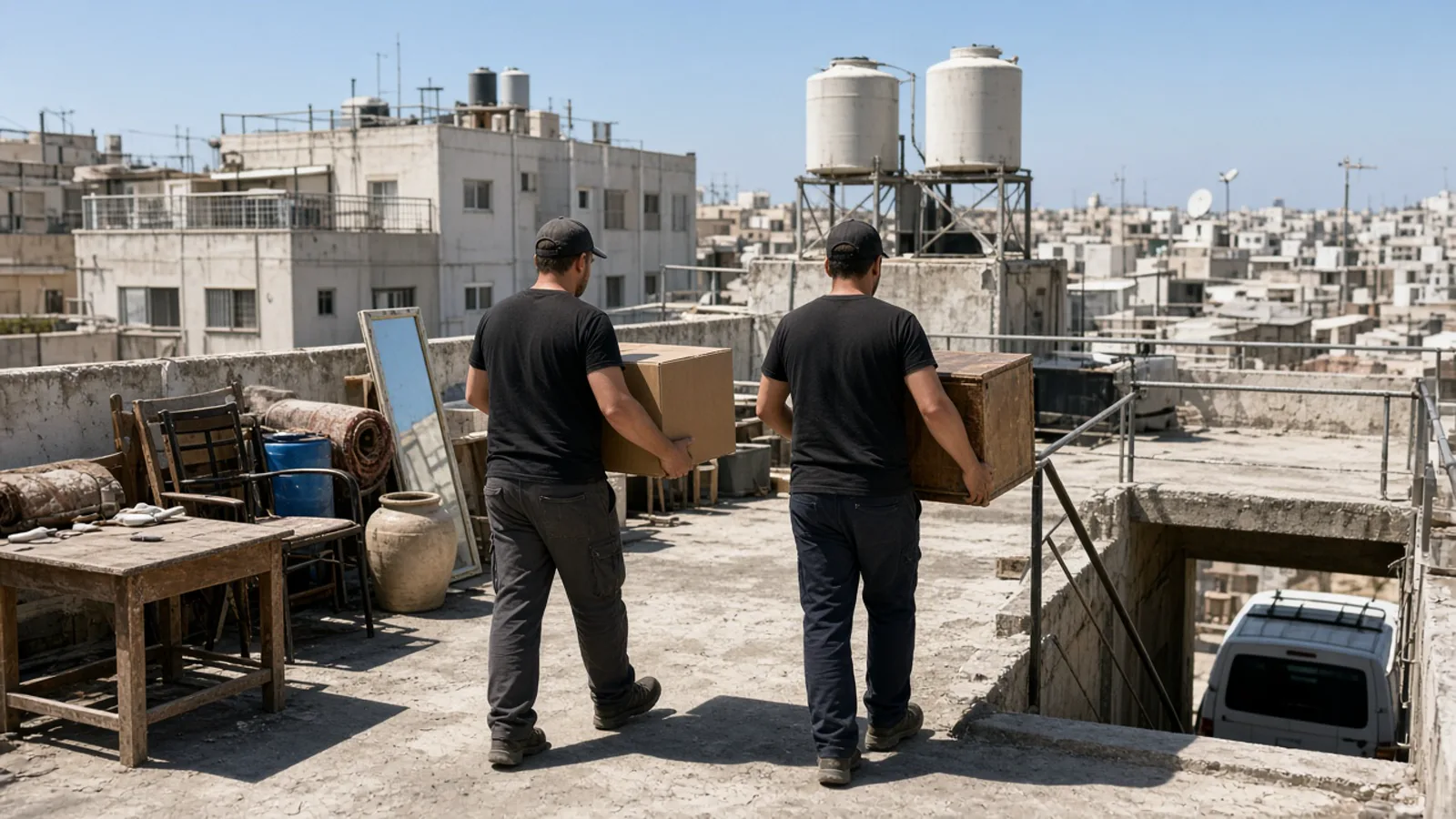 סבלים מפנים ארגזים ורהיטים ישנים ממחסן גג ישראלי עמוס אל רכב הובלה בחצר בניין, באור יום בהיר ועם ציוד קיבוע.
