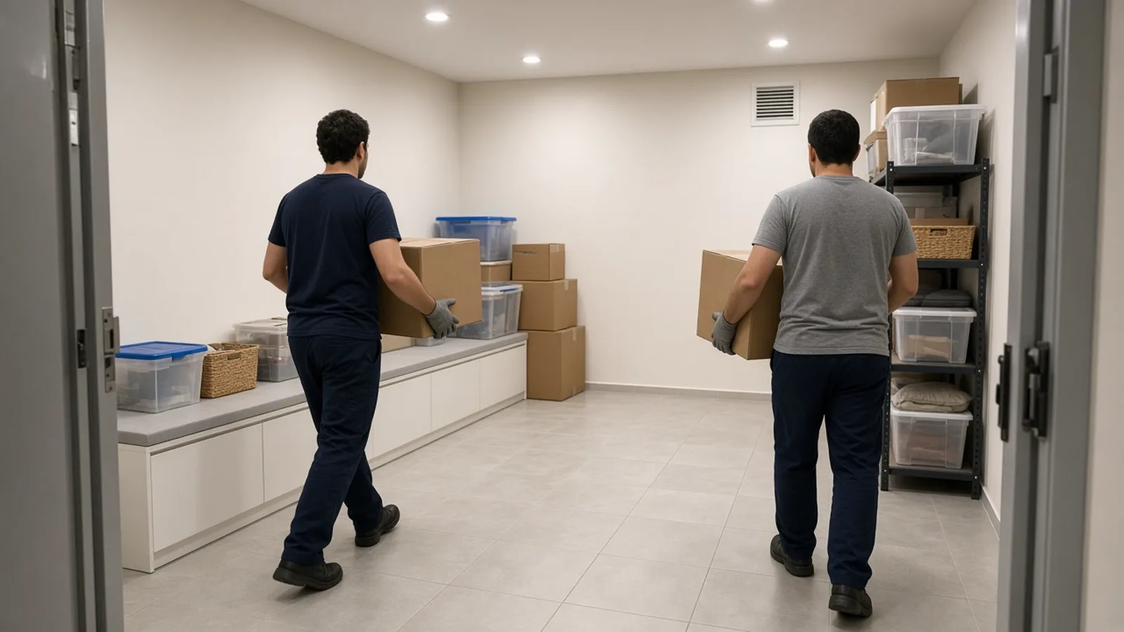 סבלים מפנים ארגזים וחפצים ממקלט בניין ישראלי ומפנים מעברים, פינוי תכולה לקראת חירום או ביקורת בצורה מסודרת ובטוחה.