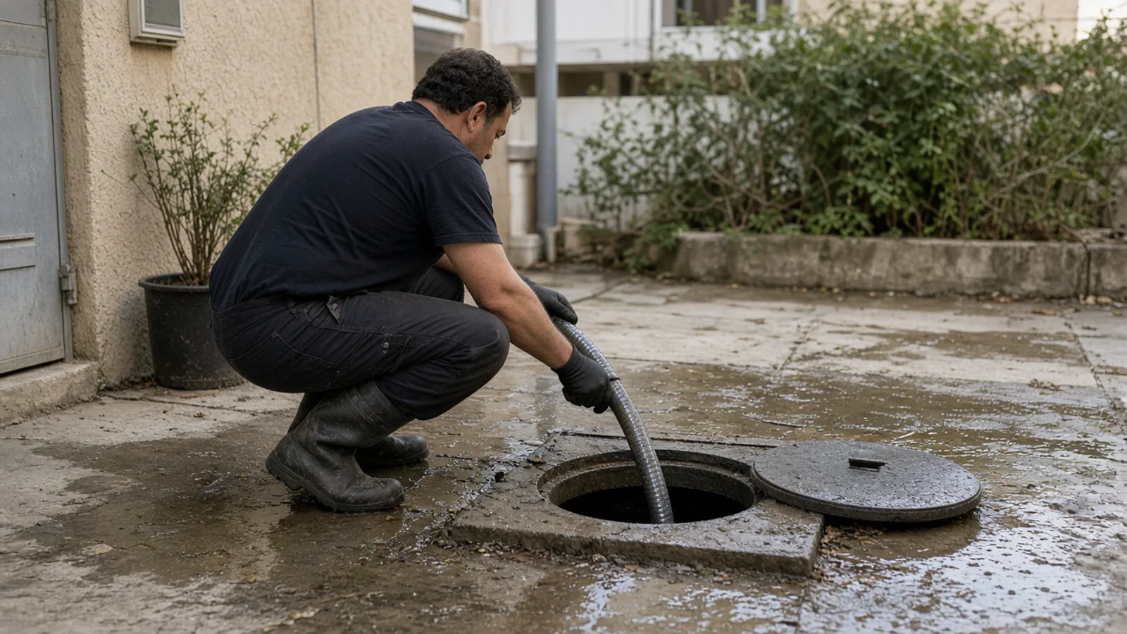 אינסטלטור פותח סתימה בבריכת ביוב בחצר בניין מגורים ישראלי, מכסה בטון פתוח ומים עומדים באור יום.