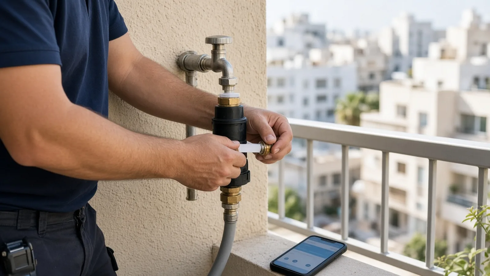 מתקין מחבר ברז השקיה חכם לברז מים במרפסת ישראלית מוארת, אטימה וטלפון להגדרת האפליקציה בלי פנים למצלמה.