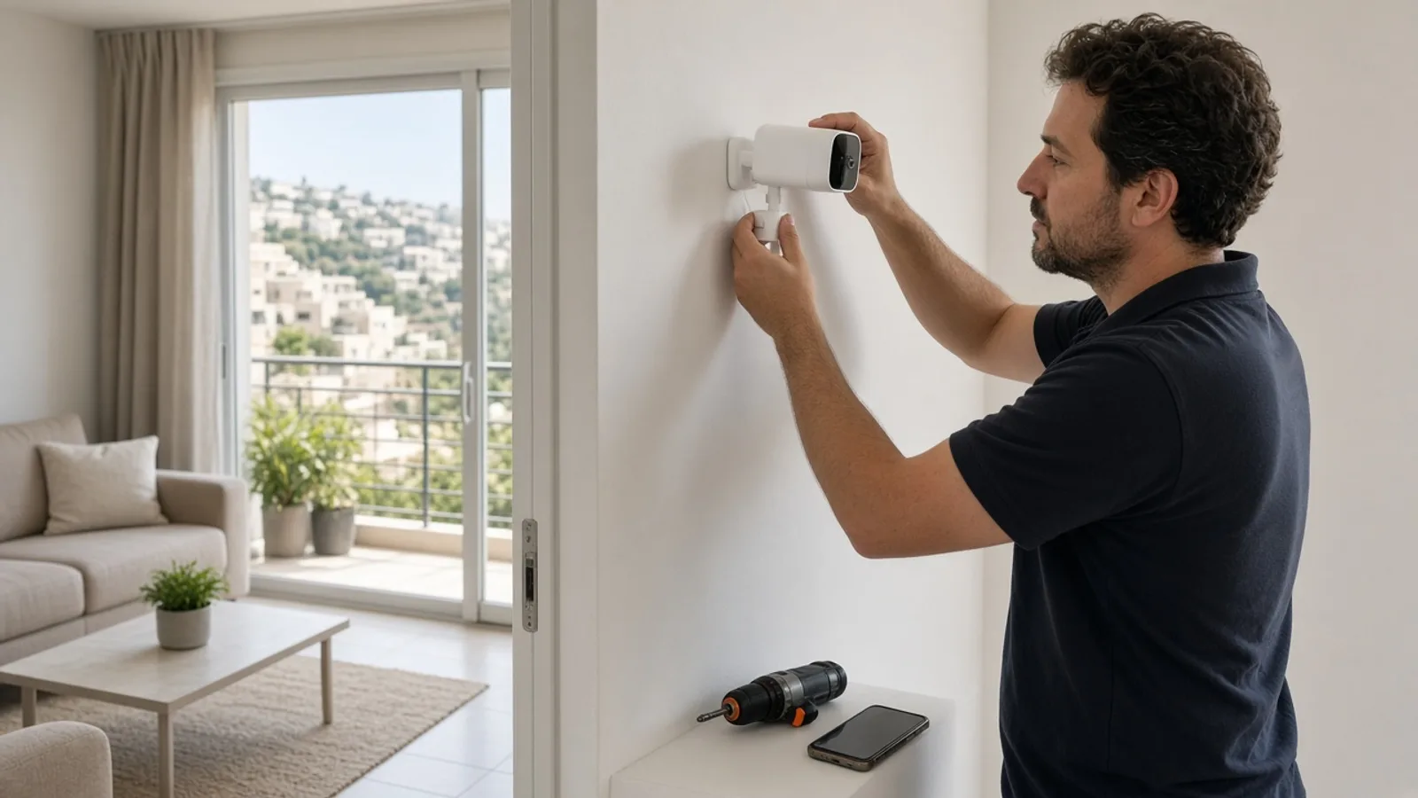 טכנאי מתקין מצלמת אבטחה חכמה Wi-Fi על קיר בסלון ישראלי מואר, מקדחה קטנה וטלפון להגדרה בלי פנים למצלמה.